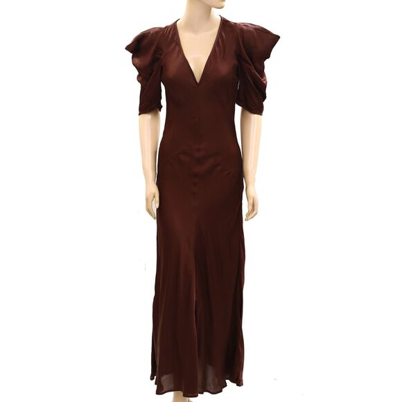 The Great Dresses & Skirts - The Great Brown Long Maxi Dress Short Puff Sleeve Ruffle Festive S-1 NWD 278045